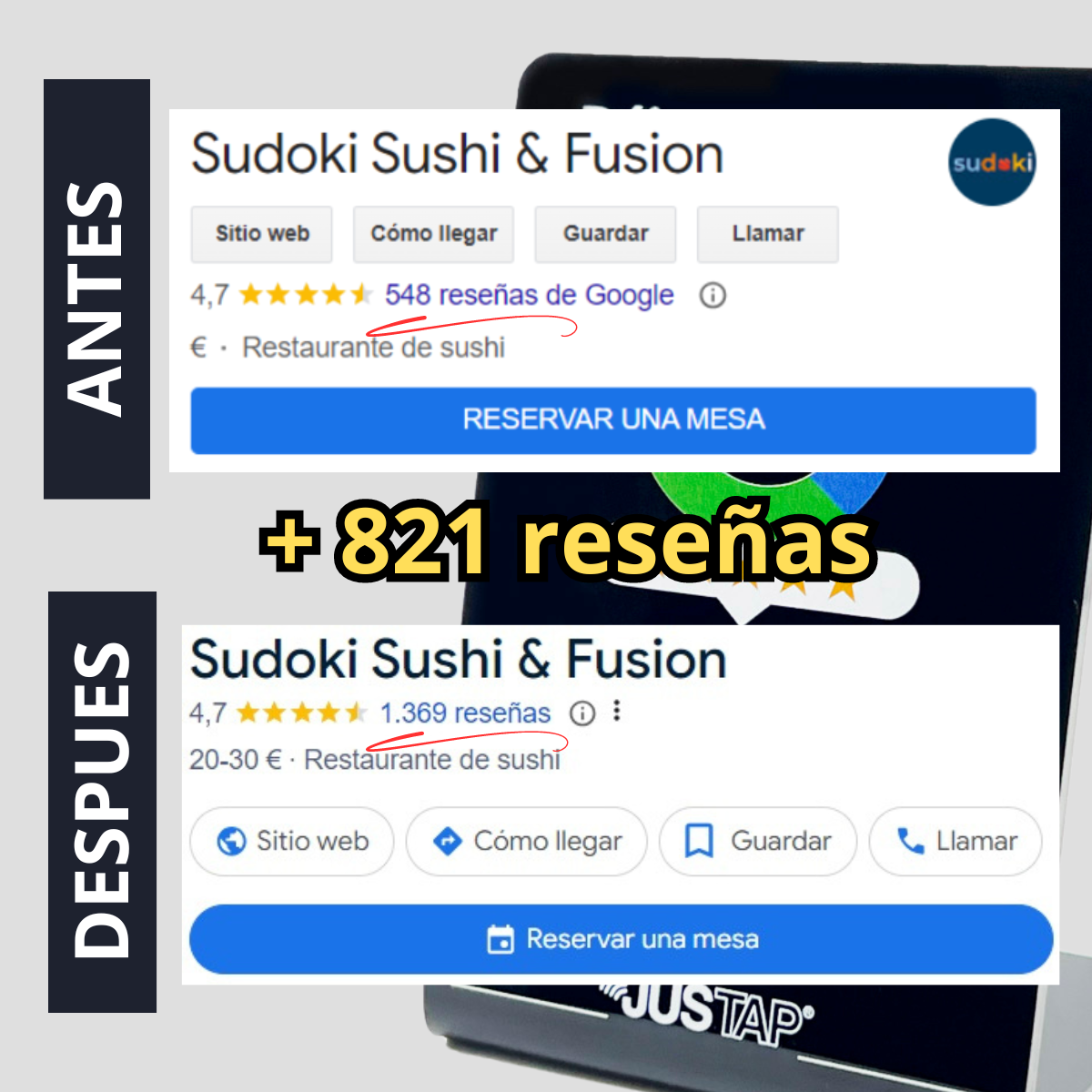Adhesivo de resina JUSTAP® con NFC para reseñas de Google
